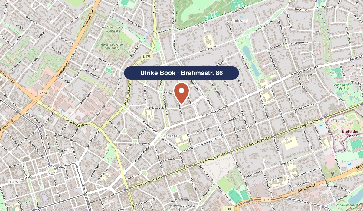 Stadtplan von Krefeld-Cracau mit der Lage der Praxis in der Brahmsstr. 86